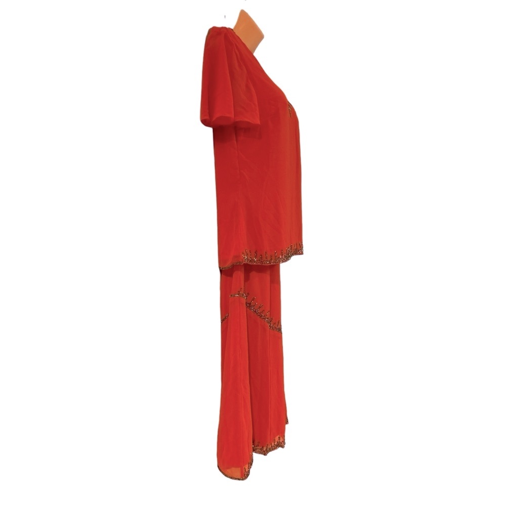 ASHRO Bead Trimmed Georgette Tangerine Orange Midi Skirt Set Wedding Guest Dress - Picture 4 of 16